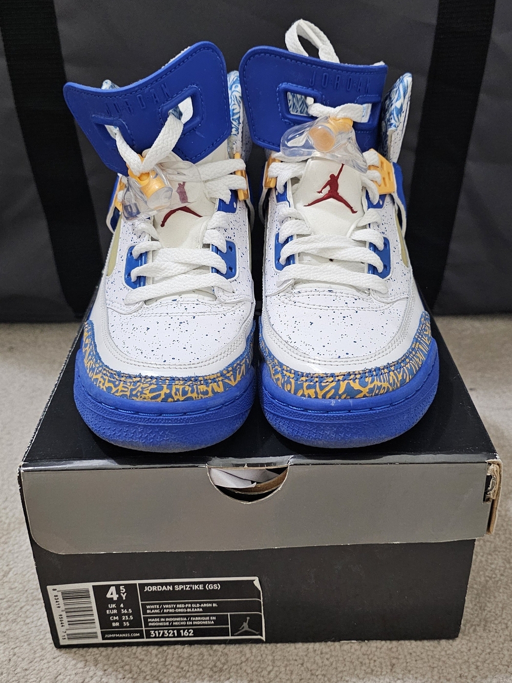 Youth's Jordan Spiz'ike, White, Blue, Gold, Size 4.5Y